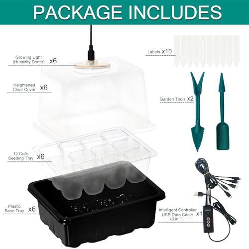 6-Piece Seed Starter Tray Set with Develop Mild, Adjustable Humidity Dome Kits, Timing Controller, and Elevated Lids (12 Cells per Tray)