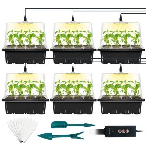 6-Piece Seed Starter Tray Set with Develop Mild, Adjustable Humidity Dome Kits, Timing Controller, and Elevated Lids (12 Cells per Tray)