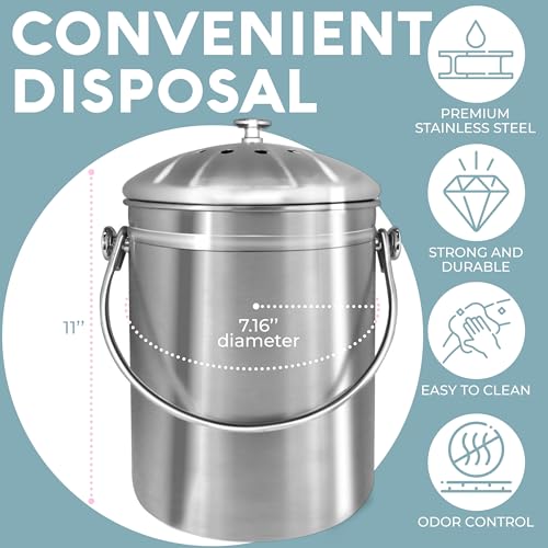 EPICA 1.3-Gallon Odorless Kitchen Compost Bin | Indoor Stainless Metal Composter with Lid and Carbon Filters for Meals Scraps