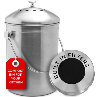 EPICA 1.3-Gallon Odorless Kitchen Compost Bin | Indoor Stainless Metal Composter with Lid and Carbon Filters for Meals Scraps