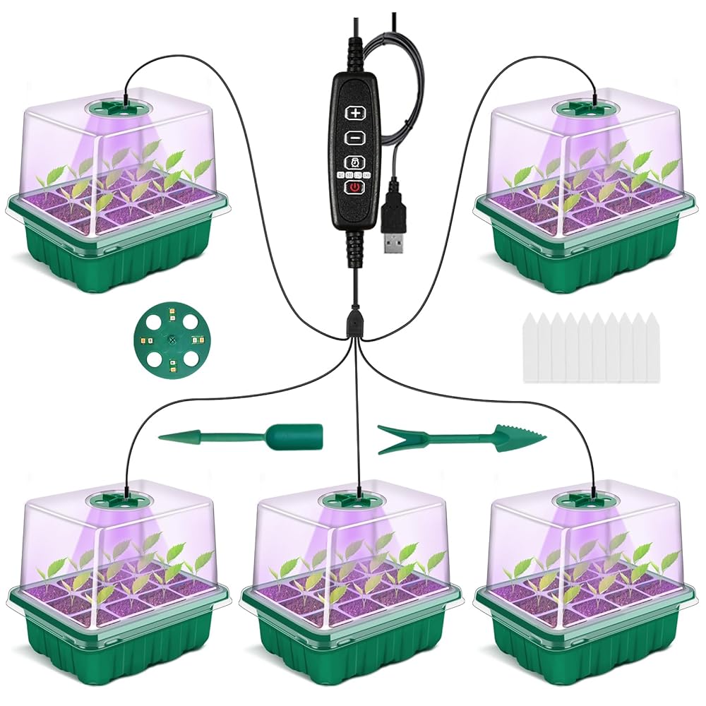 GOONMMILL Seed Starter Tray Set with Timed Develop Gentle – 5-Pack Plant Seedling Starter Package That includes Humidity Domes and Base for Indoor Greenhouse Mini Propagation Station