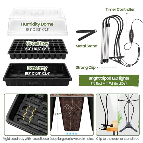 SOLIGT Enhanced Seed Starter Package with Develop Gentle - Sturdy 60 Cell Seed Tray, Humidity Dome for Germinating Seeds, Beginning Seedlings, and Cloning Cuttings