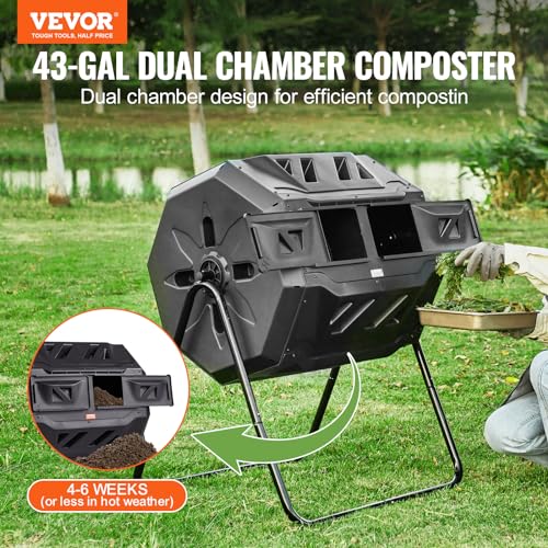 VEVOR 43-Gallon Twin Chamber Compost Tumbler, Massive Rotating Composter with Metal Body and a pair of Sliding Doorways, BPA-Free Bin for Backyard Composting